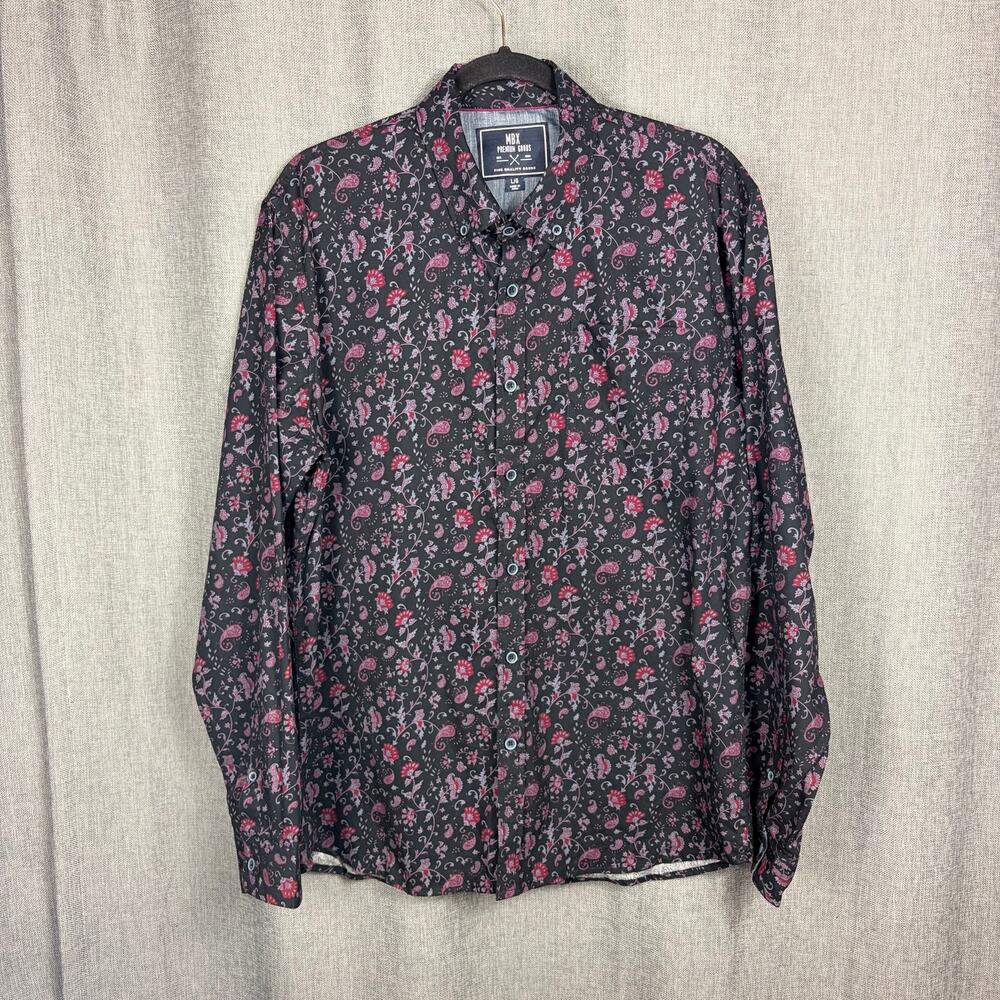 MBX Premium Goods Men’s Large Black Paisley Floral Button Up Shirt 100% Cotton